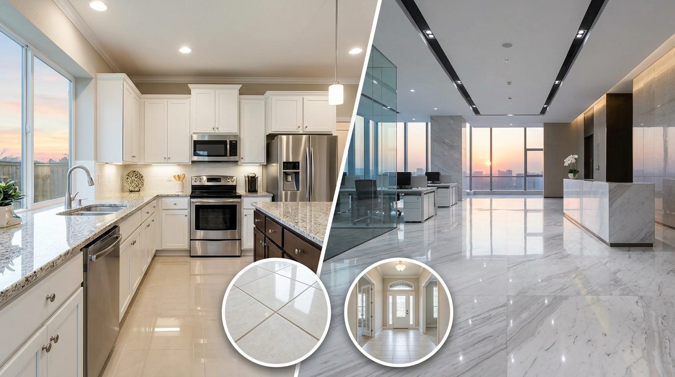 Split view of a sparkling residential kitchen and a polished commercial office with tile and grout detail insets