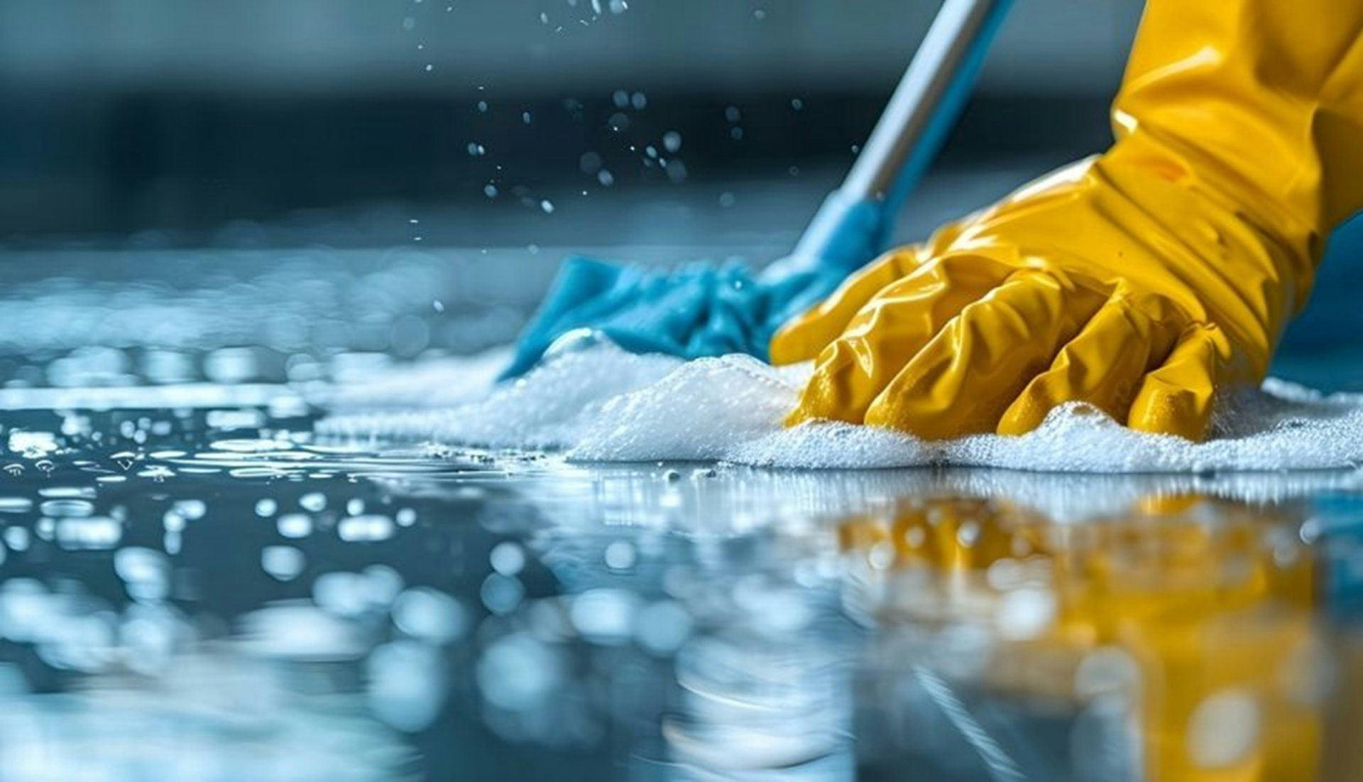 Hands in yellow gloves scrubbing a soapy floor with a brush