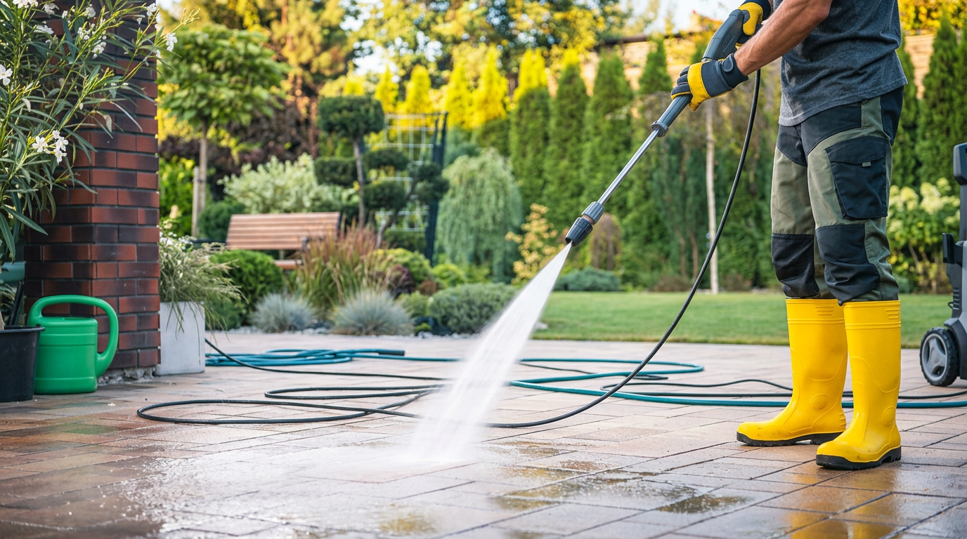 Person in yellow boots pressure washing a garden patio