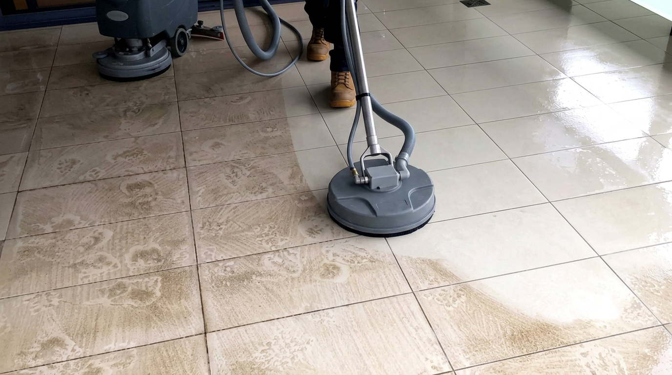 Floor machine scrubbing tile and grout to restore a clean shine