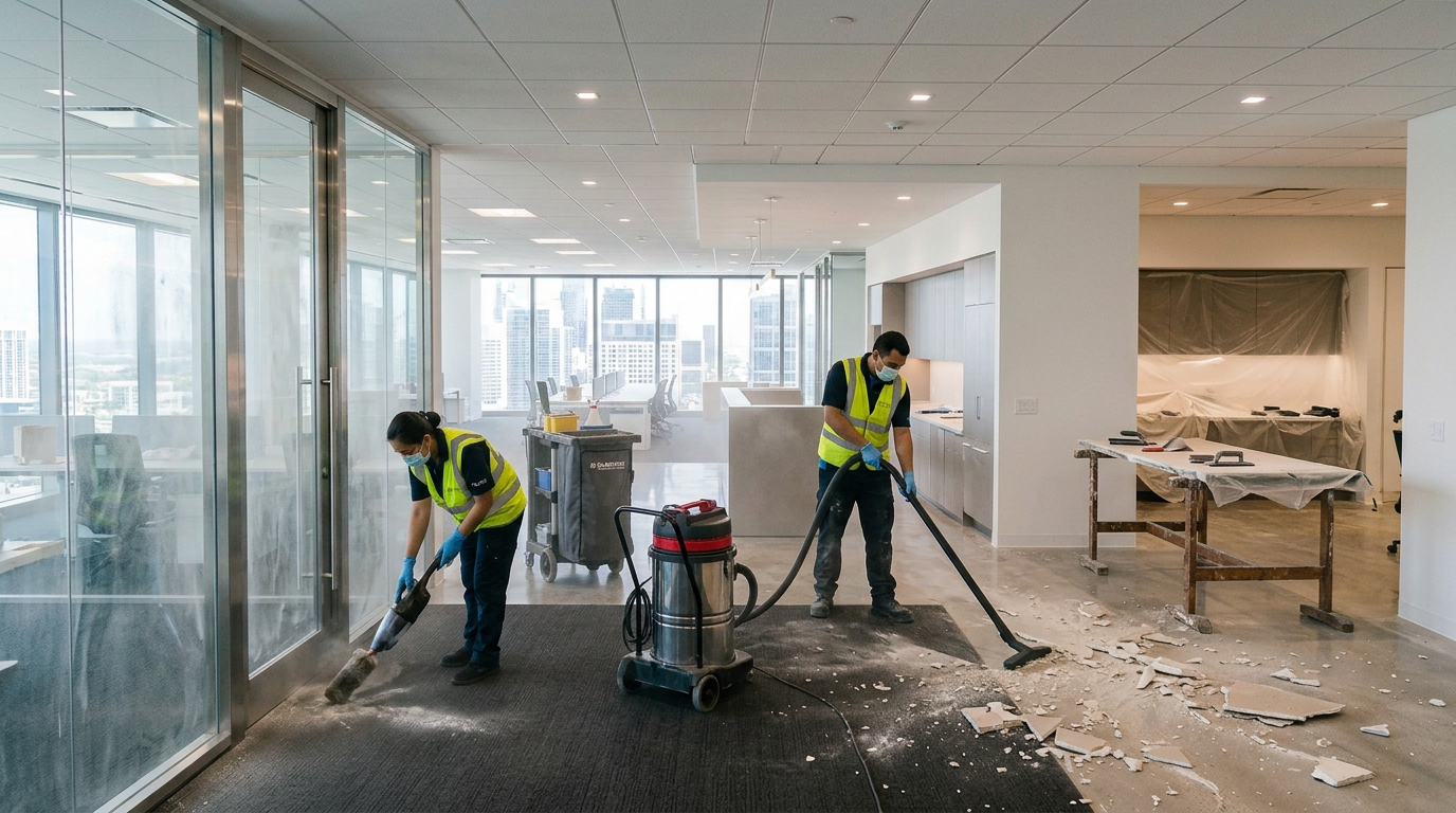 Two workers in safety vests vacuuming dust and debris during post-construction cleanup